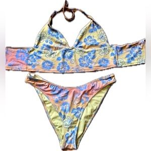 LA Hearts bikini from PacSun, L, wide chest band triangle top yellow pink floral